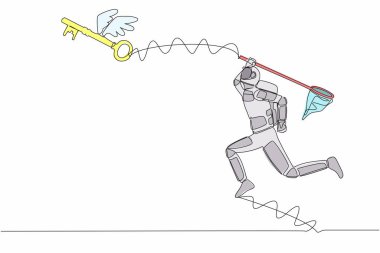 Genç astronotun sürekli çizdiği tek çizgi kelebek ağıyla uçan anahtarı yakalamaya çalışıyor. Uzay gemisi sorunlarını çözmek için anahtar bul. Uzayın derinliklerinde kozmonot. Bir çizgi tasarım vektörü grafik illüstrasyonu