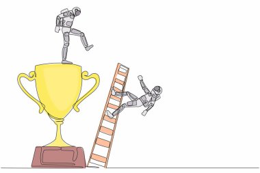 Genç astronotun tekmeleyip rakibini Ay yüzeyindeki en büyük başarı kupasından düşürdüğü tek çizgi. Kozmik galaksi uzayı. Devamlı çizgi tasarımı vektör çizimi