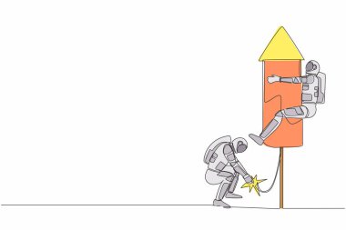 Takım arkadaşları roketin üzerinde uçmaya hazırlanırken genç astronot sürekli olarak havai fişek ateşliyor. Kozmonot uzay konsepti. Tek çizgi çizimi grafik tasarım vektörü çizimi