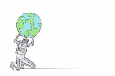 Sırtında ağır bir küre taşıyan astronot çizimleri devam ediyor. Dünya sömürüsü, galaktik kirlilik. Dünya nüfus krizi. Kozmonot uzayı. Tek çizgi tasarım vektör çizimi