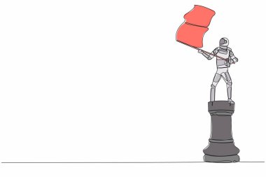 Satranç ve bayrak sallayan astronot çizimleri devam ediyor. En güçlü uzay şirketinin üstünlüğünü kutluyoruz. Kozmonot uzayı. Tek çizgi çizimi tasarım vektör çizimi