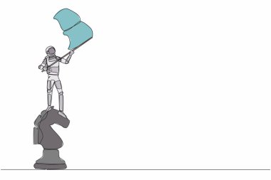 Tek sıra halinde, genç astronot çizimi büyük bir satranç atının üzerinde duruyor ve bayrak sallıyor. Kozmik galaksi uzay kavramı. Modern sürekli çizgi çizimi tasarım grafik vektör çizimi