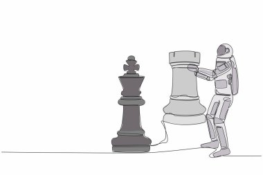 Satrancı yenmek için elinde kaleyle astronot çizen tek çizgi. Gezegenler arası bölgeyi yönetme gücü. Kozmik galaksi uzay kavramı. Aralıksız çizgi çizimi tasarım grafik vektör çizimi