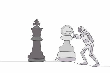 Astronot çizmeye devam eden bir çizgi, kralı devirmek için büyük bir piyon taşına basıyor. Büyük hayaller galaksiler arası keşfi fetheder. Kozmonot uzayı. Tek çizgi tasarım vektör grafik çizimi