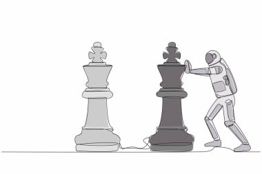 Genç astronotları çeken tek bir çizgi diğer kralı devirmek için büyük kral satranç taşına basar. En güçlü uzay şirketinin sembolü. Uzayın derinliklerinde kozmonot. Bir çizgi tasarımı vektör illüstrasyonu