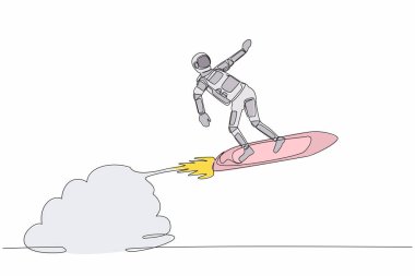 Ay yüzeyinde uçan sörf roketine binen astronot çizimleri. Gezegenler arasında geniş uzayda keşifler. Kozmonot uzayı. Tek çizgi tasarım vektör çizimi