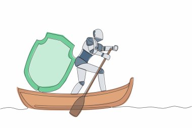 Robotun kalkanla denize açıldığı tek bir çizgi devam ediyor. Teknoloji şirketinde güvenlik ve sigorta. İnsansı robot sibernetik organizma. Tek çizgi çizimi tasarım vektörü grafik çizimi
