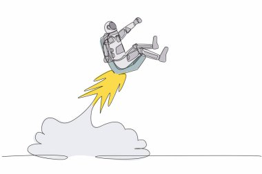 Ay yüzeyinde uçan bir rokete binen astronot sürekli bir çizgi çiziyor. Uzay şirketlerinde insan kaynakları gelişimi. Kozmonot uzayı. Tek çizgi çizimi tasarım vektör çizimi