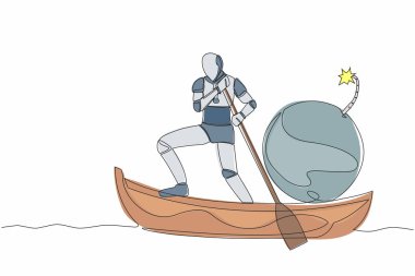 Robotun bombayla denize açıldığı tek sıra devam ediyor. Patlayan dünya ekonomik krizinden dolayı fabrika kapandı. İnsansı robot sibernetik organizma. Tek çizgi tasarım vektör çizimi