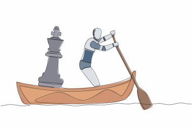 Teknede satranç kralı taşıyla gezen tek bir robot çizgisi. İş yarışmasını kazanmak için stratejik bir hamle. Geleceğin teknoloji gelişimi. Bir çizgi çizimi tasarım vektörü illüstrasyonu