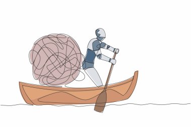 Devamlı bir çizgi, botla karışık bir şekilde uzaklaşan bir robot çiziyor. Teknoloji şirketinde kaotik, kaygılı. İnsansı robot sibernetik organizma. Tek çizgi çizimi tasarım vektörü grafik çizimi