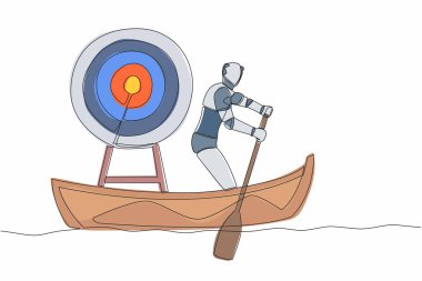 Teknede akıllı robotlar çizen ve ok hedefli bir gemiyle denize açılan tek sıra. Sıkı çalışma, iş vizyonu ve görev edinmek ve... Devamlı çizgi çizimi tasarım vektörü illüstrasyonu