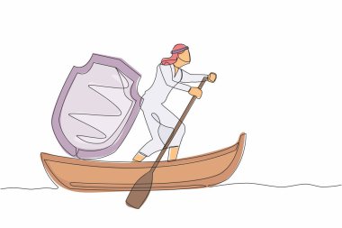 Arap işadamının kalkanla yelken açtığı tek sıra. İş koruma ve mali suçlar. Güvenlik ve sigorta. Bir çizgi çizimi tasarım vektörü illüstrasyonu