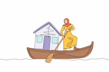 Teknede duran ve evle yelken açan Arap bir iş kadını. Konut kredisi anlaşması. Bankalar ev kredisi taksitleri sağlar. Devamlı çizgi çizimi tasarım vektörü illüstrasyonu