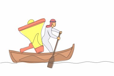 Arabistanlı işadamının tekneyle megafonla açıldığı tek sıra. Komuta lideri, megafon, liderlik ve takım çalışması ile kontrol et. Devamlı çizgi tasarımı grafik vektör illüstrasyonu