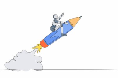 Gökyüzünde uçan kalem roketine binen tek bir robot çizgisi. Teknoloji eğitimi ve yaratıcılık. Geleceğin teknoloji gelişimi. Yapay zeka. Bir çizgi tasarımı vektör illüstrasyonu
