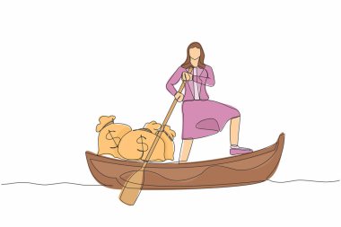 İş kadınının para çantasıyla denize açıldığı tek bir çizim. Ofis çalışanı parayla kaçtı. Finansal başarı ve kâr kavramı. Devamlı çizgi tasarımı grafik vektör illüstrasyonu