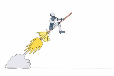 Tek sıra halinde uçan süpürge roketine binen robot çiziyor. Teknoloji şirketi fırlatıldı. İnsansı robot sibernetik organizma. Geleceğin robot gelişimi. Tek çizgi çizimi tasarım vektör çizimi