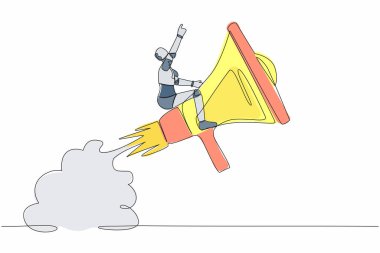 Gökyüzünde uçan megafon rokete binen robotun kesintisiz çizimleri. Takımla iletişim kurmak için yumuşak bir yetenek. İnsansı robot sibernetik organizma. Tek çizgi çizimi tasarım vektörü grafik çizimi