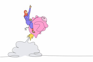 Devamlı bir çizgi halinde, Arap iş kadını gökyüzünde uçan kumbara roketine biniyor. Finans, kazananlarla ya da rakiplerle başarılı olmak için bir iş fırsatı. Tek çizgi tasarım vektör çizimi