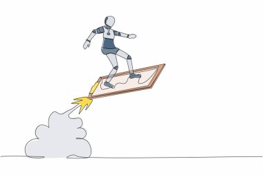 Tek sıra halinde, gökyüzünde uçan robot binici roketi çiziyor. Teknoloji işindeki verileri analiz et. Geleceğin teknoloji gelişimi. Yapay zeka. Bir çizgi tasarımı vektör illüstrasyonu