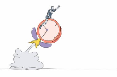 Havada uçan çalar saat roketine binen robotu çizen tek çizgi. Teknoloji projesini son teslim tarihiyle bitir. Robot yapay zeka. Devamlı çizgi çizimi tasarım vektörü illüstrasyonu