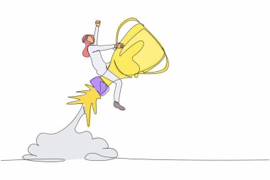 Tek sıra Arap iş adamını gökyüzünde uçan bir rokete bindirmeye çalışıyor. Rekabet kazanma yeteneğini geliştir. Başarı hedefleri. Bir çizgi tasarımı vektör illüstrasyonu