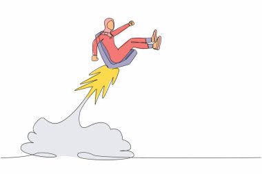 Bir satırda Arap iş kadını ofis koltuğu roketine binip gökyüzüne uçuyor. Başarılı olmak için motivasyon. Yeni bir kariyer fırsatına başla. Devamlı çizgi çizimi tasarım vektörü illüstrasyonu