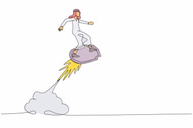 Havada uçan kalkan roketine binen çekici Arap işadamını çeken tek sıra. İş saldırısı koruma güvenliği ve sigortası. Bir çizgi çizimi grafik tasarım vektör çizimi