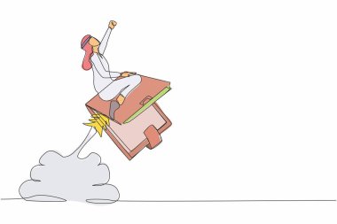 Havada uçan cüzdan roketine binen Arap işadamı çizimleri. Profesyonel finansal faaliyetlerde başarılar. Refah içinde bir girişimci. Tek çizgi tasarım vektör çizimi