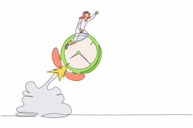 Havada uçan çalar saat roketine binen Arap işadamlarının çizdiği tek sıra. Zaman yönetimi, projeyi son teslim tarihi ve verimlilikle bitirmeyi yönet. Bir çizgi tasarımı vektör illüstrasyonu