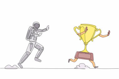 Tek sıra halinde genç astronotlar ay yüzeyinde ödül peşinde koşarlar. Zafer ve galaktik keşif ödülü. Kozmik galaksi uzay kavramı. Aralıksız çizgi grafik tasarım vektörü çizimi