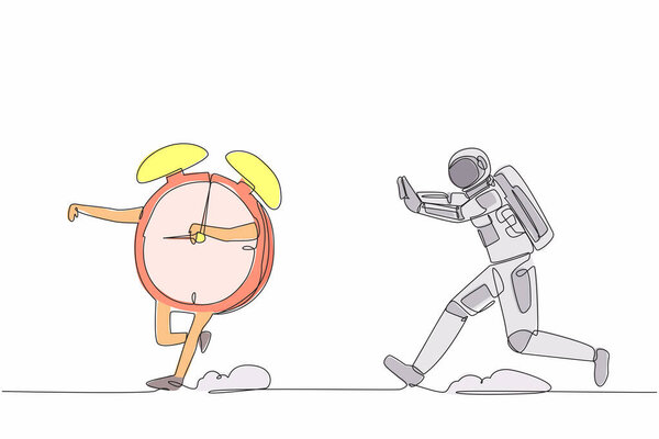 Одна сплошная линия, изображающая молодого космонавта, гоняющегося за будильником на поверхности Луны. Управление сроками запуска космического челнока. Концепция космической галактики. Графическая векторная иллюстрация