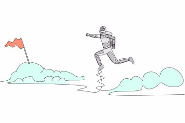Tek sıra halinde astronot bulutların üzerinden atlayıp başarıya, hedefe, bayrağa ulaşacak. Uzay gemisi projesini riske atmak. Kozmik galaksi uzayı. Aralıksız çizgi çizimi grafik tasarım vektörü çizimi