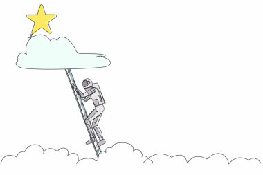 Genç astronotların yıldızlara uzanmak için tek sıra halinde tırmanması. Ay uzay yürüyüşünde başarılı olmak için motivasyon. Uzayın derinliklerinde kozmonot. Bir çizgi çizimi grafik tasarım vektör çizimi