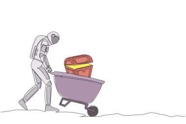 Tek sıra halinde astronot, Ay yüzeyinde hazine sandığı taşıyan arabayı çekiyor. Altın, mücevher, hazine dolu el arabası. Kozmik galaksi uzayı. Aralıksız çizgi grafik tasarım vektörü çizimi