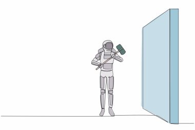 Tek bir çizgi astronotları Ay yüzeyinde duvara bakarken ayakta ve çekiç tutarken çekiyor. Uzay şirketi geliştirme. Kozmik galaksi uzayı. Aralıksız çizgi grafik tasarım vektörü çizimi