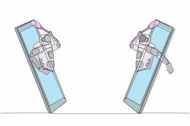 İki genç astronot tenis oyuncusunun tek bir çizimi cep telefonundan Ay yüzeyinde oynamaya hazır olarak çıkıyor. Kozmik galaksi uzayı. Aralıksız çizgi çizimi grafik tasarım vektörü çizimi