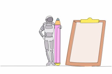 Büyük bir kalem tutan ve Ay yüzeyinde panoya bakan genç astronot çizimleri. Keşif belgesi. Uzayın derinliklerinde kozmonot. Bir çizgi çizimi grafik tasarım vektör çizimi