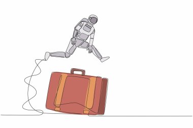 Tek sıra halinde, genç astronotlar büyük evrak çantasının üzerinden atlıyor. Profesyonel bavul uzmanı, veri depolama bilgileri. Kozmik galaksi uzayı. Aralıksız çizgi çizimi grafik tasarım vektörü çizimi