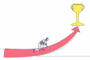 Devamlı çizilen robot çizimleri hızla koşmaya ve kupayı almaya hazır olun. İnsansı robot sibernetik organizma. Geleceğin robotik geliştirme yarışması. Tek çizgi tasarım vektör grafik çizimi