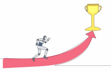 Kupa almak için ileri ok üzerinde koşan tek bir robot çizgisi. Robot yapay zeka teknolojisi. Elektronik teknoloji endüstrisi. Bir çizgi grafik tasarım vektör çizimi