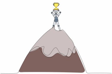Tek sıra halinde robot, yüksek dağın tepesinde kupayı kaldırıyor. Başarı, hedef, başarı. Geleceğin teknoloji gelişimi. Makine öğrenme süreci. Devamlı çizgi tasarımı vektör çizimi