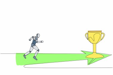 Robotun altın kupaya koşarkenki tek çizgi çizimi. Teknoloji sektörü. Robot yapay zeka. Elektronik teknoloji endüstrisi. Bir çizgi grafik tasarım vektör çizimi