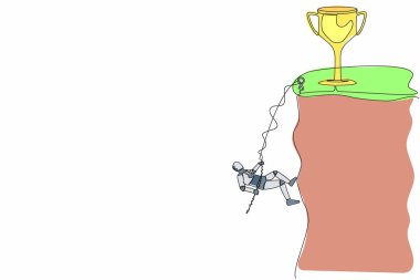 Devamlı bir çizgi, ipe asılan ve kupa kazanmak için kendini kayalık dağ duvarının tepesine çeken bir robot tırmanıcı çiziyor. Geleceğin robotik gelişimi. Tek çizgi tasarım vektör grafik çizimi
