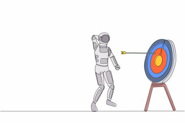 Tek sıra halinde, kafası karışmış astronot çiziyor ve ok hedefi ıskalıyor. Roket fırlatılamadı. Uzay gemisi iş başarısızlığı. Uzayın derinliklerinde kozmonot. Bir çizgi grafik tasarım vektör çizimi