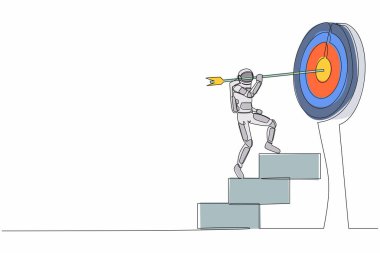 Tek sıra halinde merdivenlere ok saplanmış genç astronotu hedefe doğru çekiyor. Galaktik keşif hedefine ulaşmanın yolu çok yüksektir. Kozmik galaksi uzayı. Devamlı çizgi tasarımı vektör çizimi