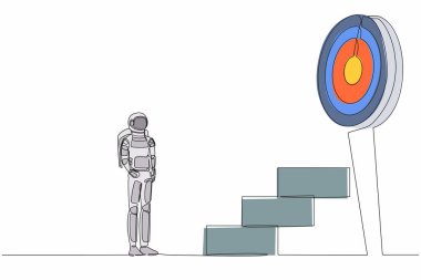 Tek sıra halinde astronot yüksek hedefe giden merdivenin önünde duruyor. Uzay aracı sektörü büyümesi ve başarıya giden yol. Kozmik galaksi uzayı. Devamlı çizgi tasarımı vektör çizimi