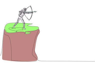Tek sıra halinde, elinde okçulukla bir astronotu uçurumun kenarına çekiyor. Uzay adamı galaksinin etrafındaki birçok gezegeni keşfetmeye odaklanıyor. Uzayın derinliklerinde kozmonot. Bir çizgi çizimi tasarım vektörü illüstrasyonu