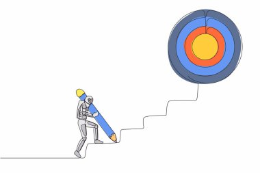 Astronot çizen tek sıra, merdivenleri çıkmak için kocaman bir kalem kullanır. Strateji, uzay şirketinin hedefine ulaştı. Astronot kariyer yolu. Uzayın derinliklerinde kozmonot. Bir çizgi tasarımı vektör illüstrasyonu